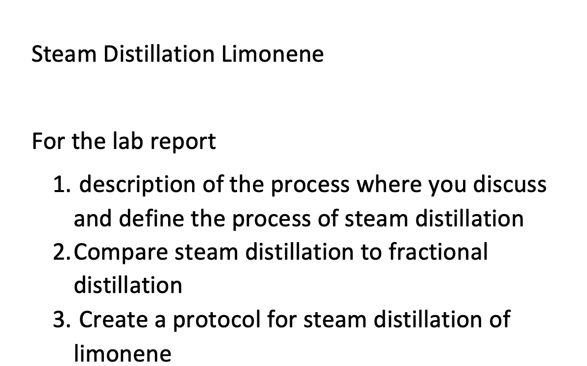 Solved Steam Distillation Limonene For the lab report 1. | Chegg.com