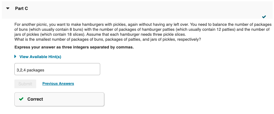 For another picnic, you want to make hamburgers with pickles, again without having any left over. You need to balance the num