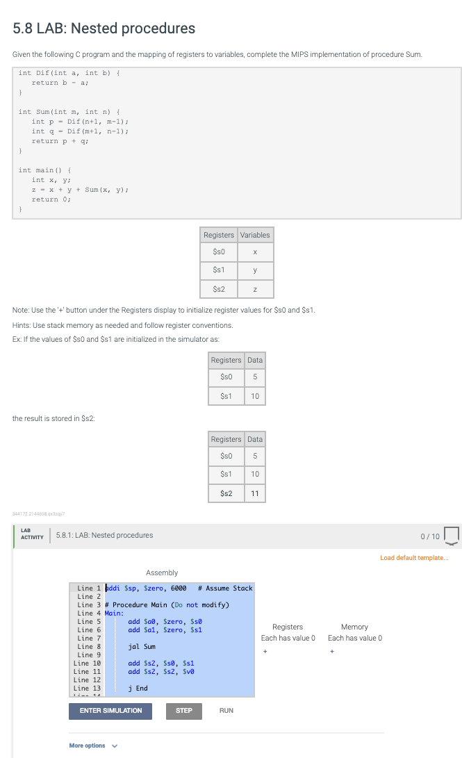 Solved The code in the assembly box: addi $sp, $zero, 6000 | Chegg.com
