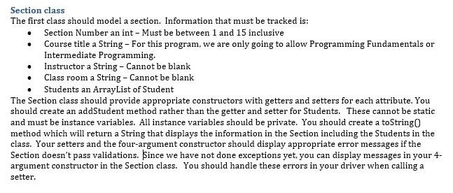 Solved Section class The first class should model a section. | Chegg.com