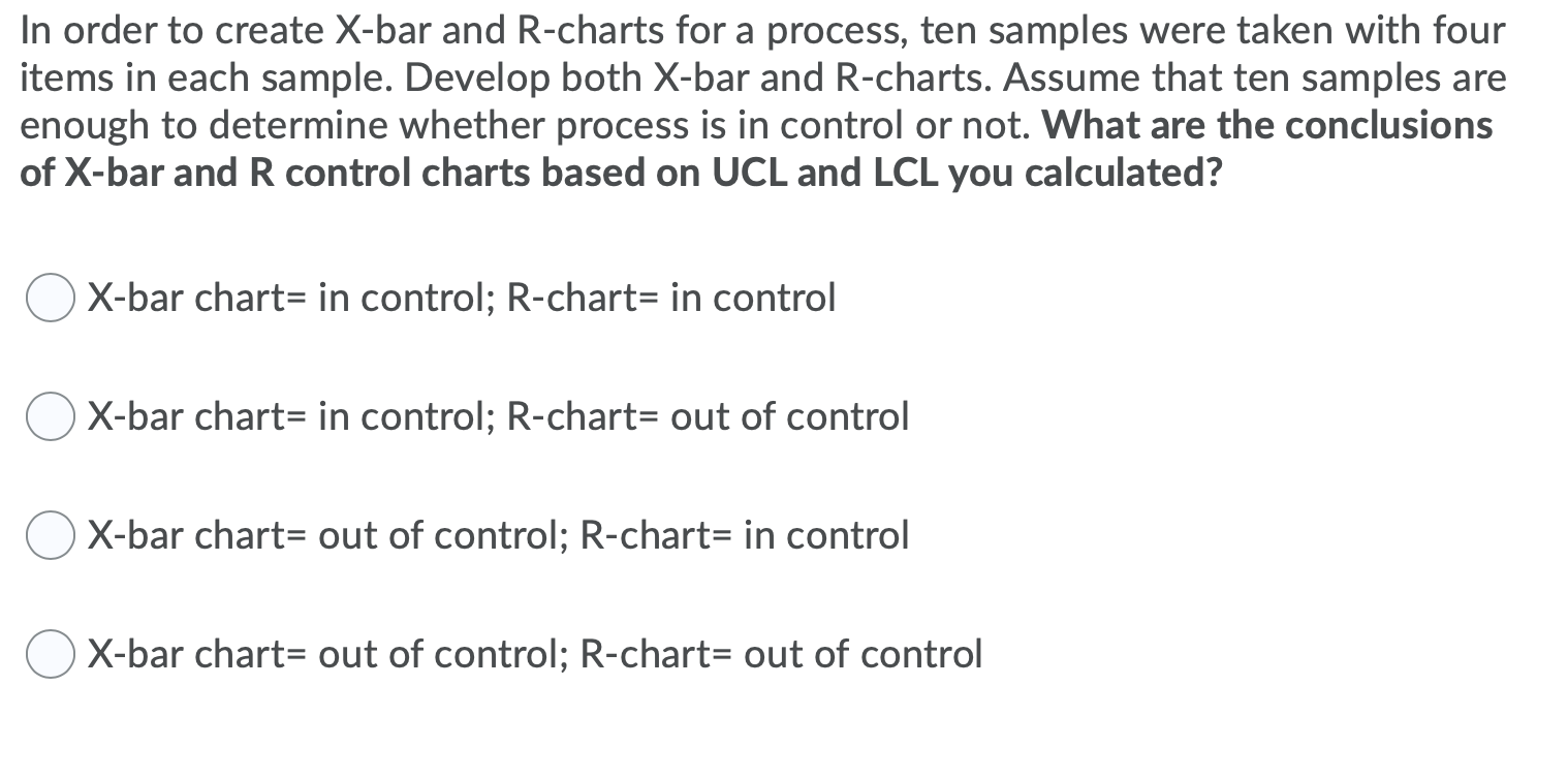 Solved In order to create X-bar and R-charts for a process, | Chegg.com