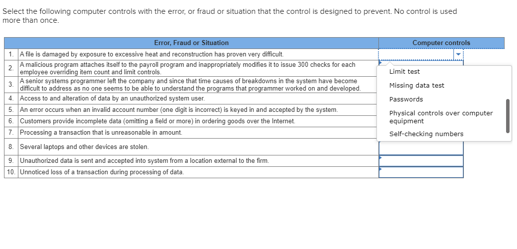 Solved Select the following computer controls with the | Chegg.com