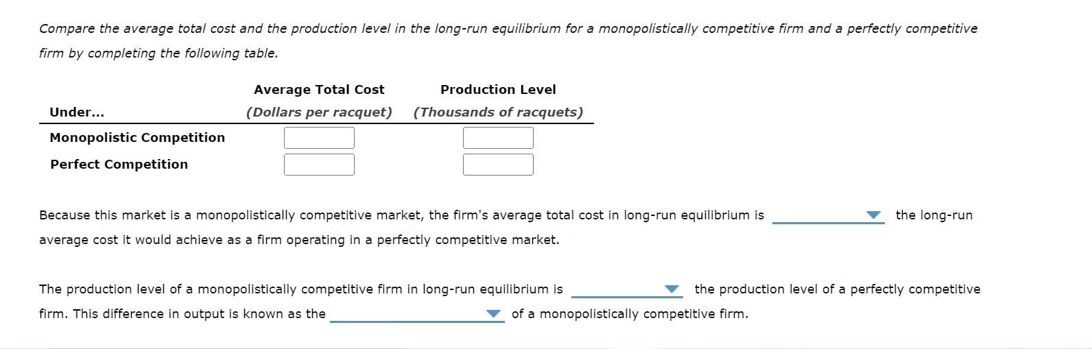 Compare the average total cost and the production level in the long-run equilibrium for a monopolistically competitive firm a