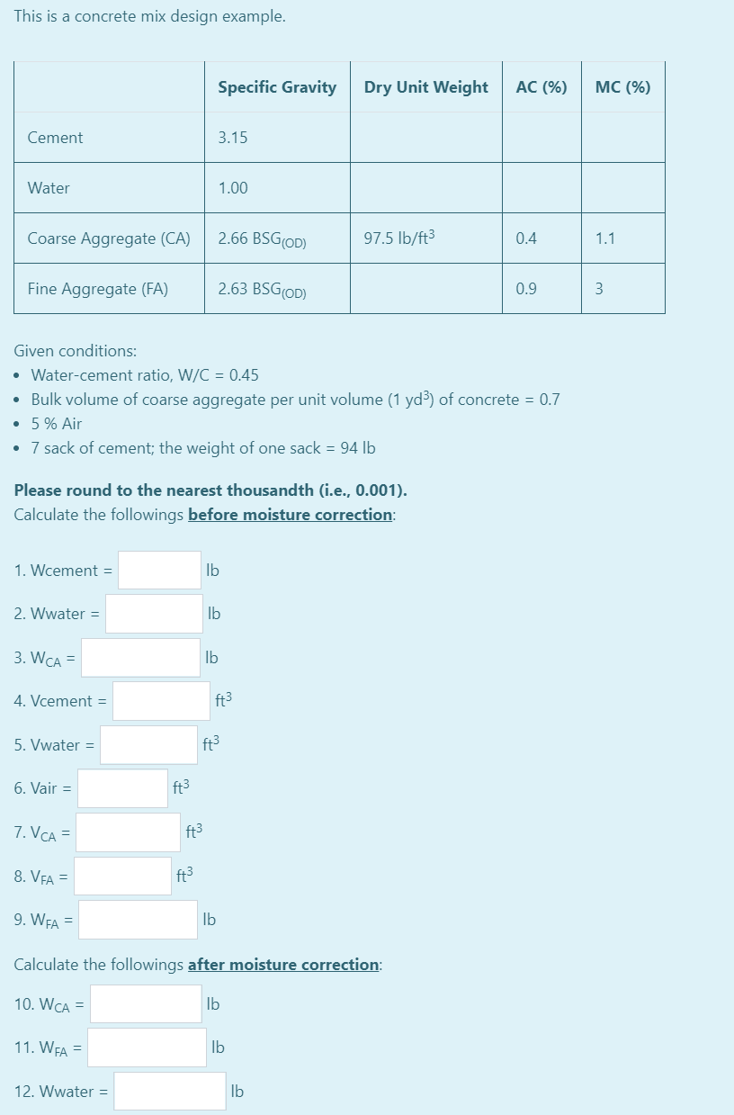 Solved This is a concrete mix design example. Specific