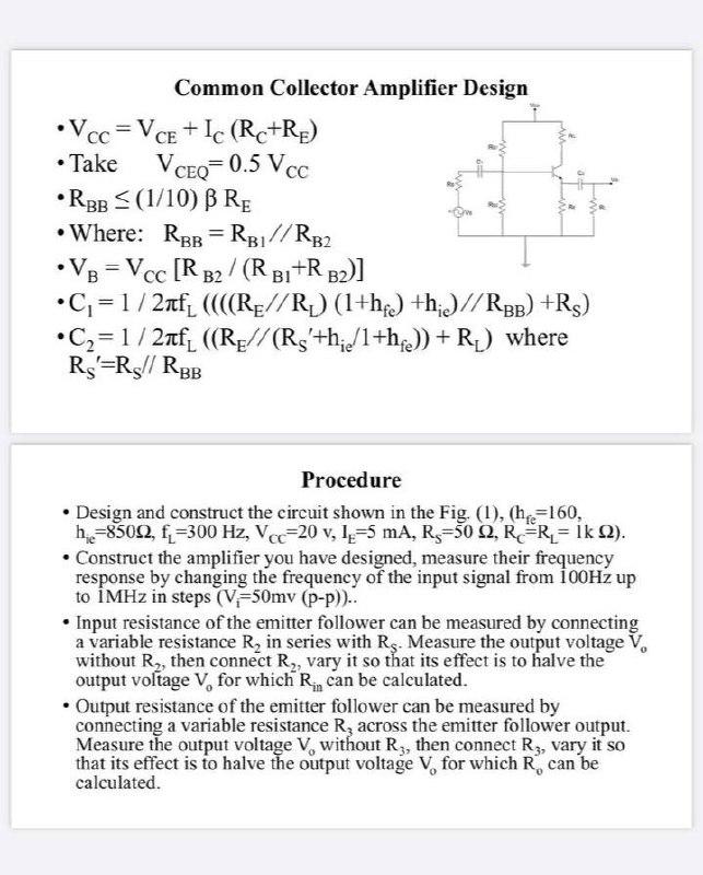 Common Collector Amplifier Design • Vcc=VCE + Ic | Chegg.com