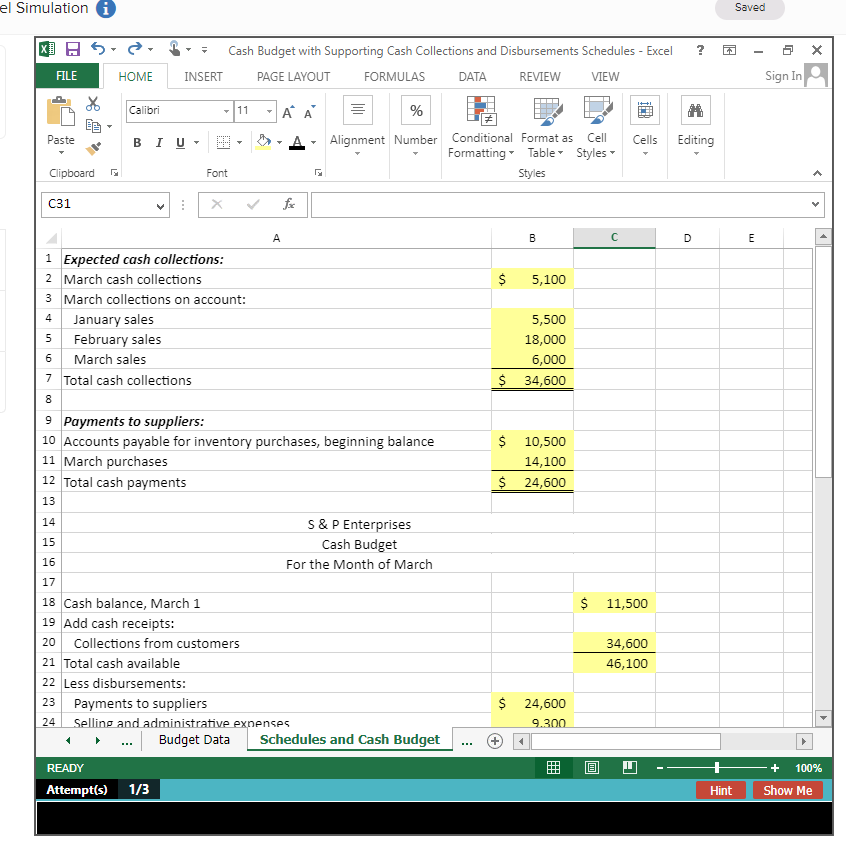 Solved Excel SIM: Cash Budget with Supporting Cash | Chegg.com