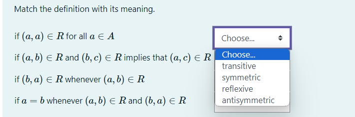 Solved Match the definition with its meaning. if (a,a)∈R for | Chegg.com