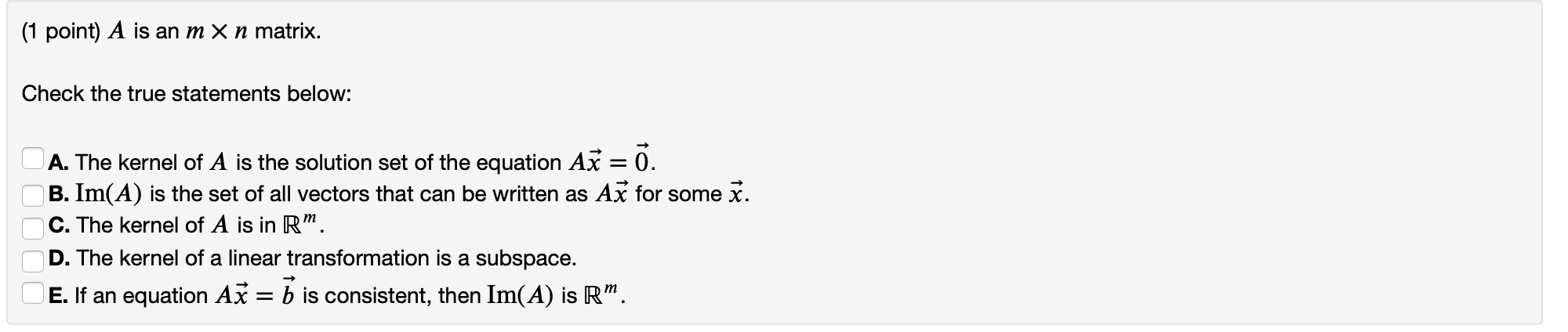 Solved (1 point) Suppose that A is a 10 x 4 matrix, and that | Chegg.com
