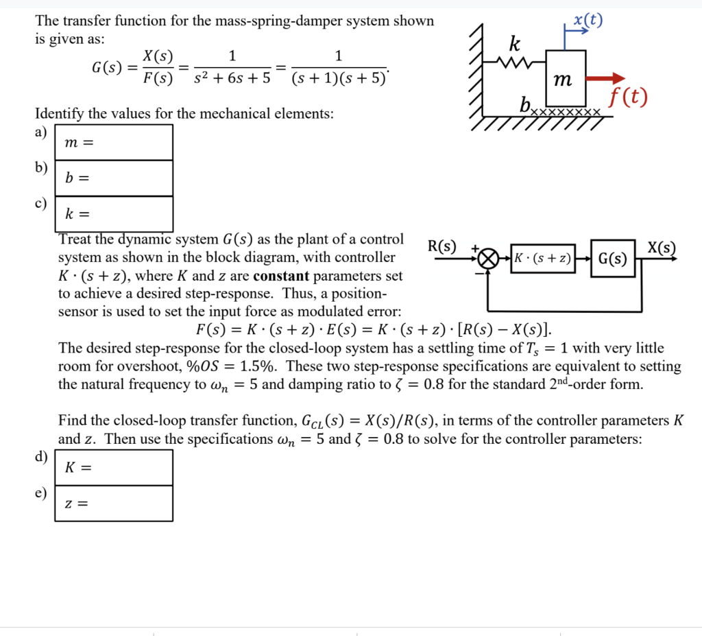 Solved X T The Transfer Function For The Mass Spring Dam Chegg Com