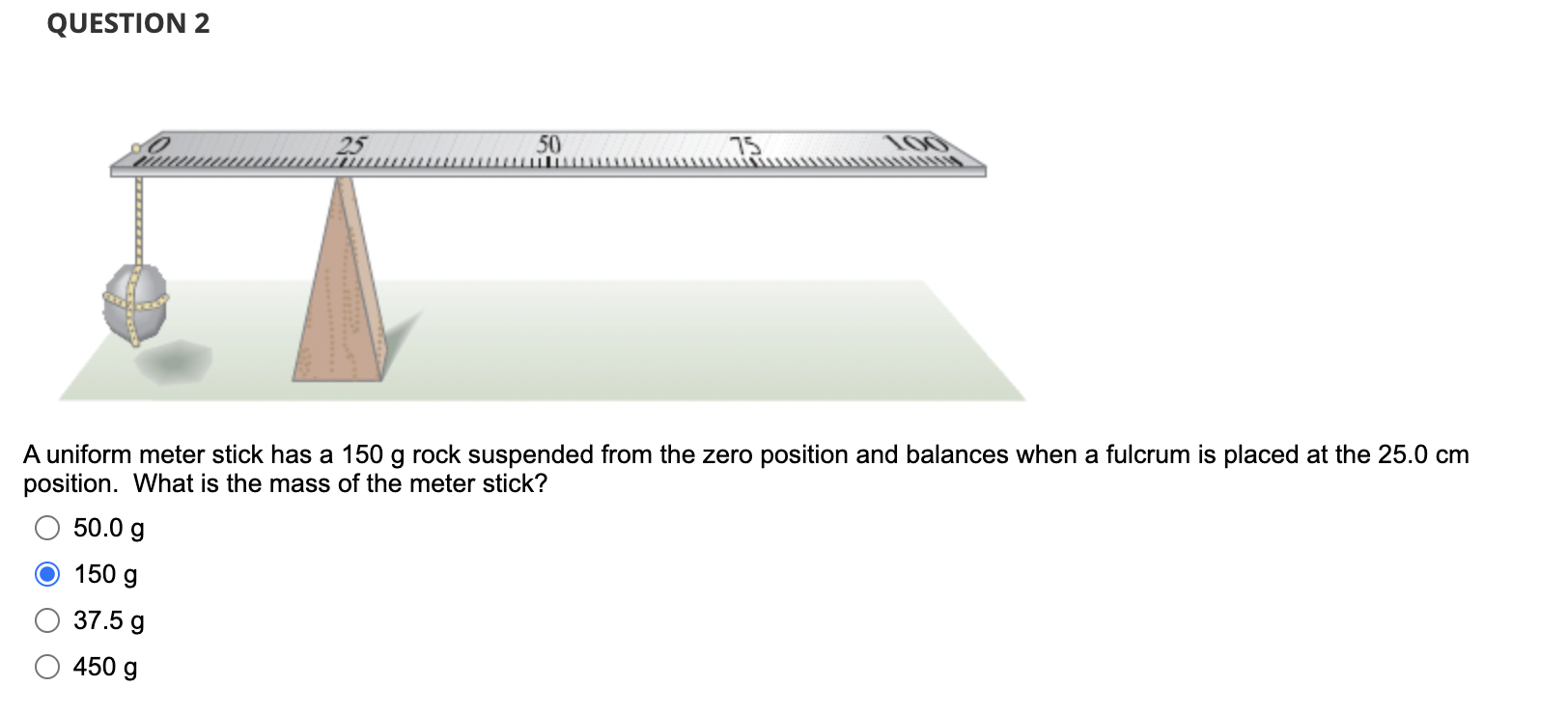 Solved QUESTION 2 50.0 g 150 g 25 A uniform meter stick has | Chegg.com