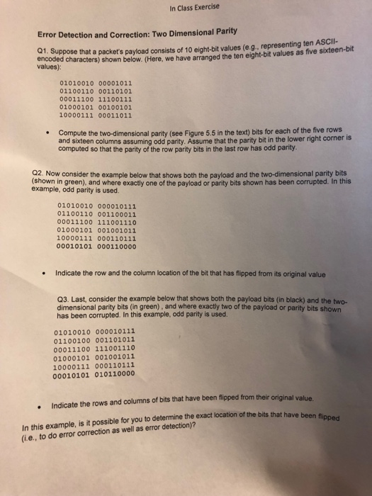 Solved In Class Exercise Error Detection and Correction: Two | Chegg.com