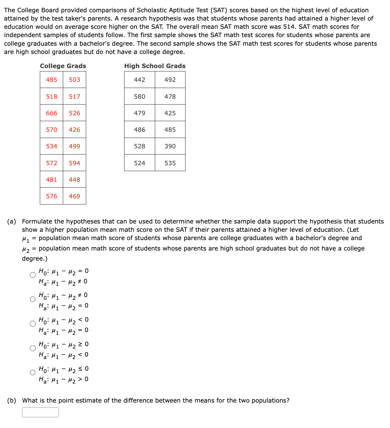 Solved The College Board provided comparisons of Scholastic