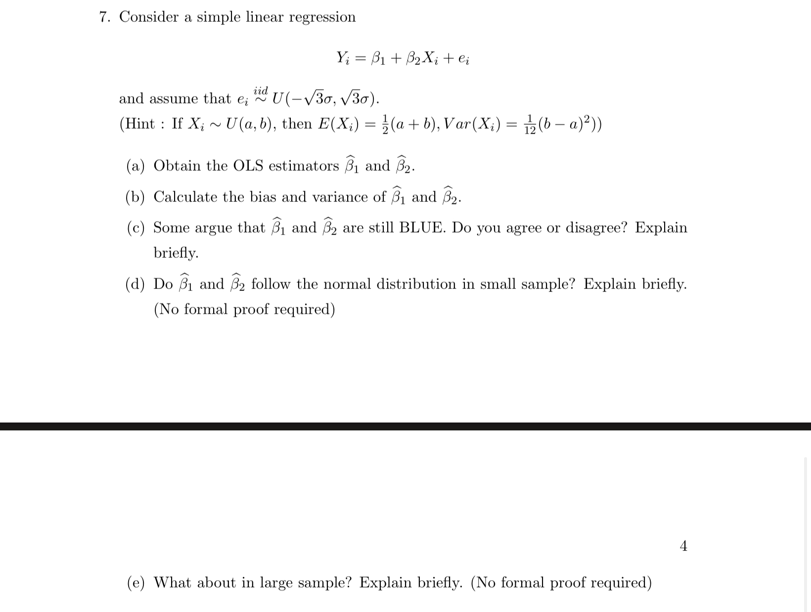 Solved 7. Consider A Simple Linear Regression Yi=β1+β2Xi+ei | Chegg.com