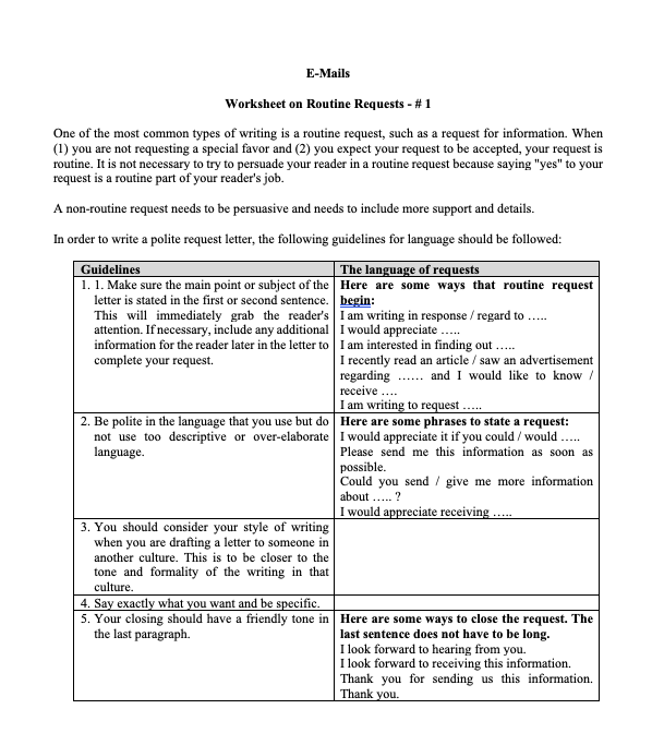 E-Mails Worksheet on Routine Requests - #1 One of the | Chegg.com