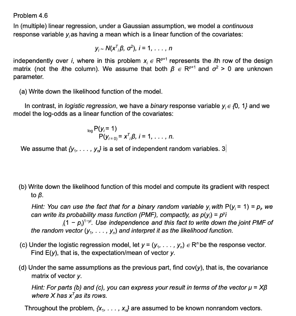 Problem 4.6 In (multiple) linear regression, under a | Chegg.com