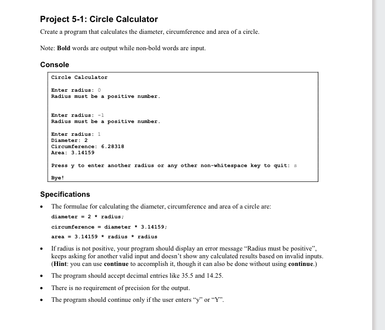 Solved Project 5-1: Circle Calculator Create a program that | Chegg.com