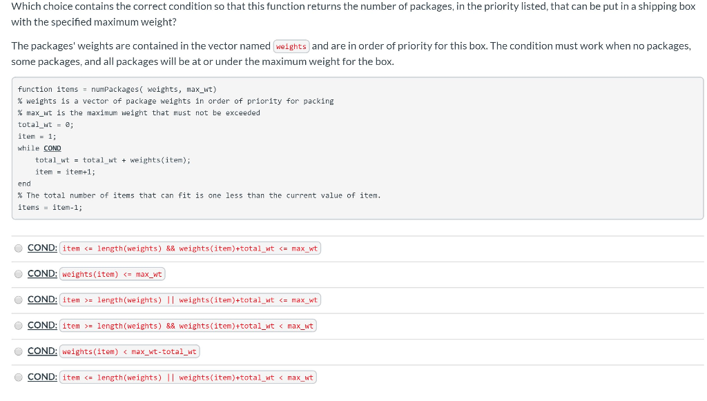 Solved Which choice contains the correct condition so that | Chegg.com