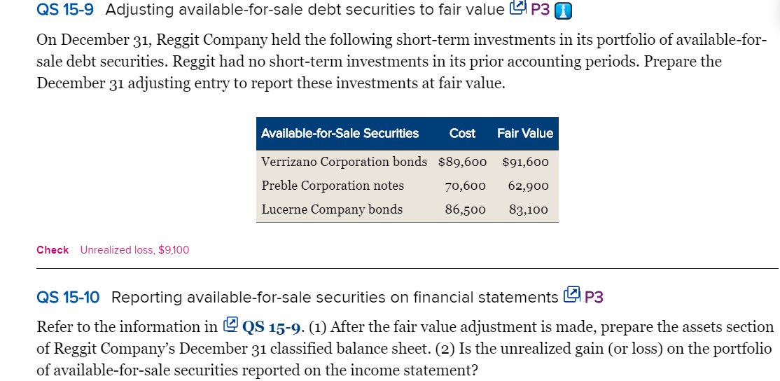 Solved QS 15-9 Adjusting available-for-sale debt securities | Chegg.com