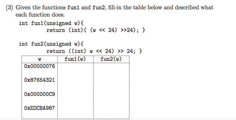 Solved (3) Given the functions fun1 and fun2, fill-in the | Chegg.com