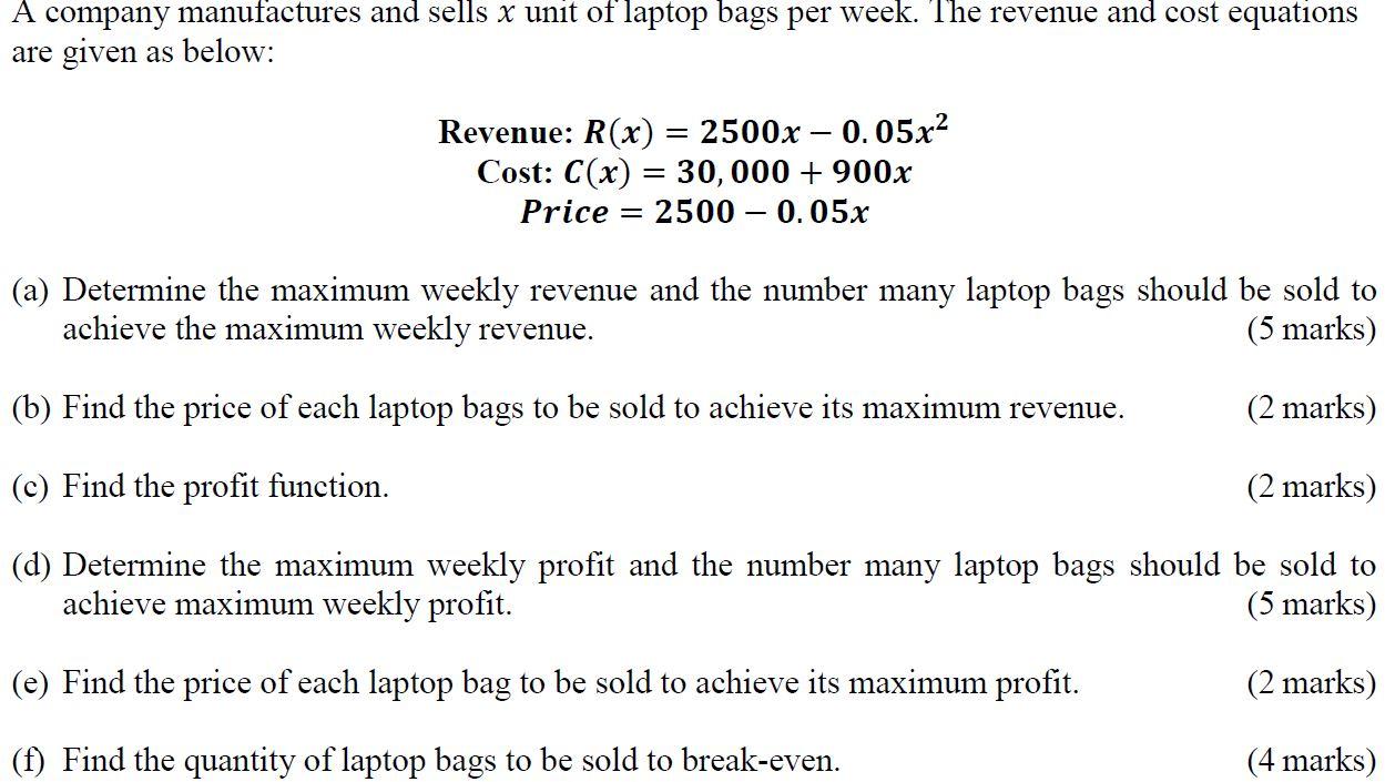 Solved A company manufactures and sells x unit of laptop | Chegg.com