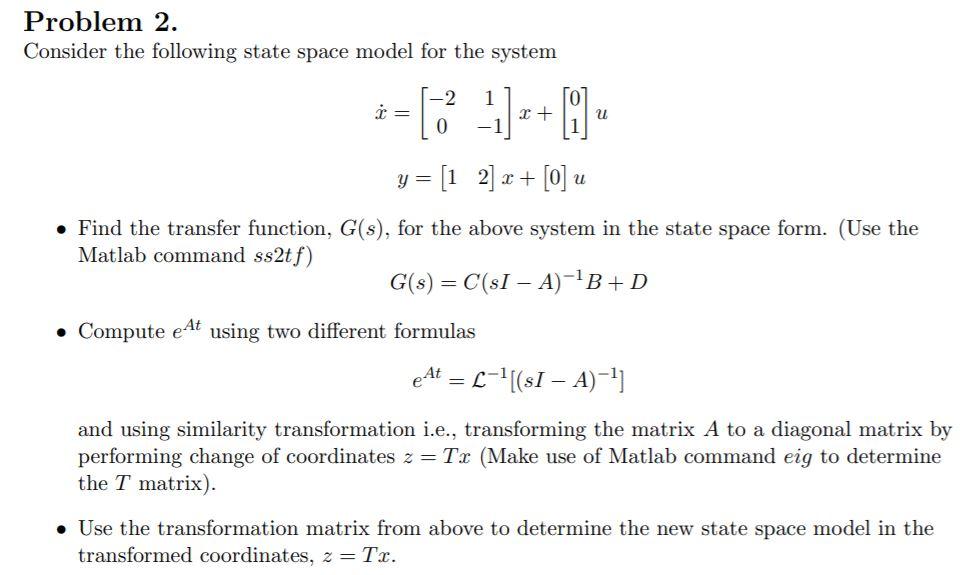 Problem 2. Consider The Following State Space Model | Chegg.com