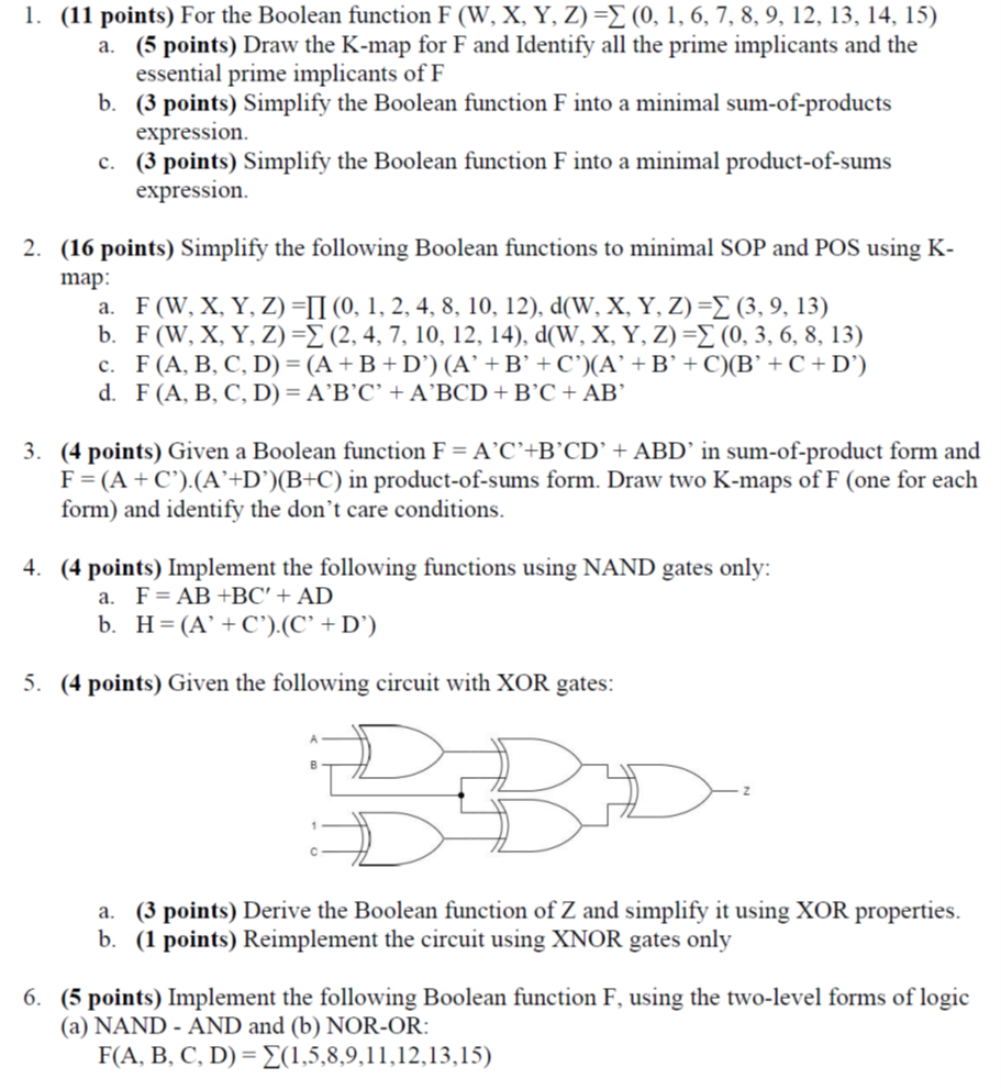 Solved 1 11 Points For The Boolean Function F W X Y Chegg Com