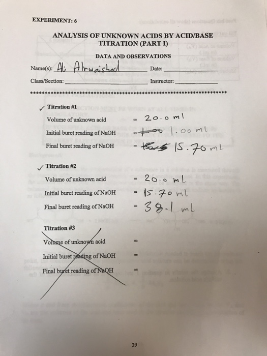 Solved EXPERIMENT 6 ANALYSIS OF UNKNOWN ACIDS BY ACID/BASE