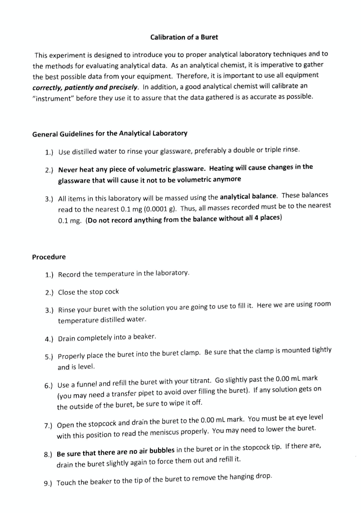 Calibration of a Buret This experiment is designed to