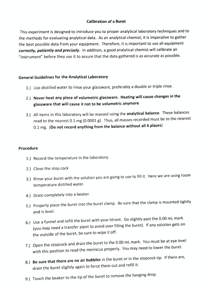Calibration Of A Buret This Experiment Is Designed To 8220