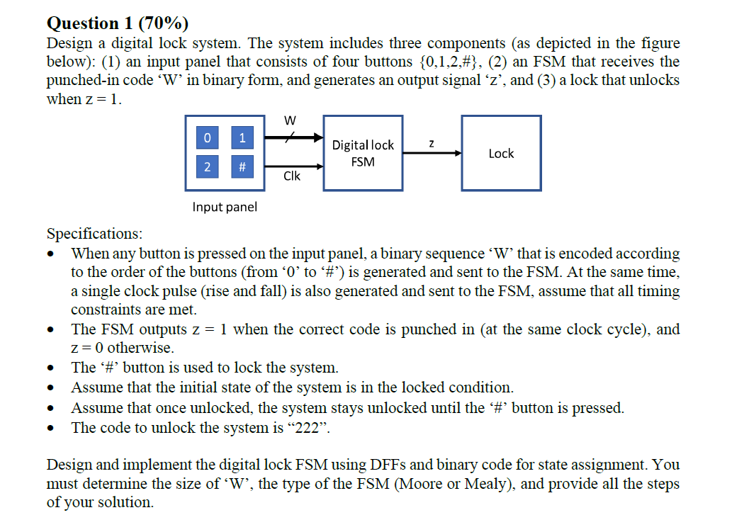Solved Question 1 (70%) Design a digital lock system. The | Chegg.com