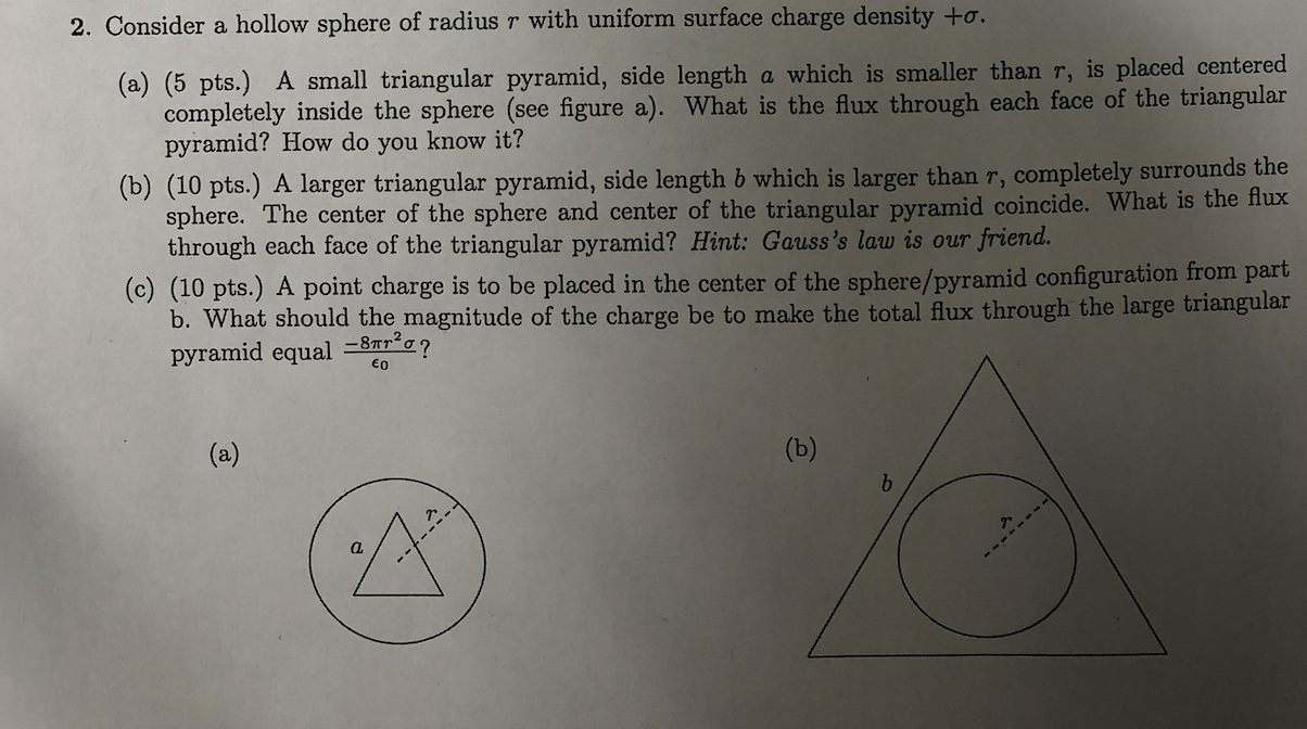 2. Consider a hollow sphere of radius \( r \) with uniform surface charge density \( +\sigma \).
(a) (5 pts.) A small triangu