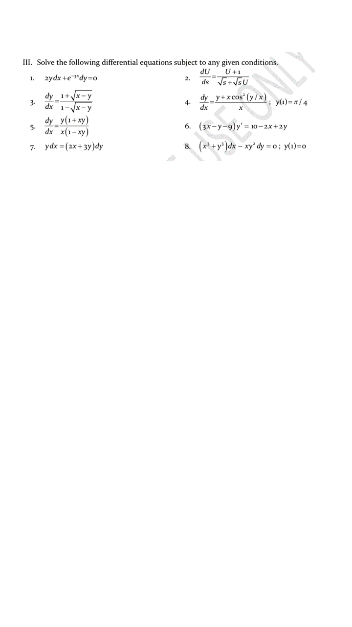 Solved III. Solve the following differential equations | Chegg.com