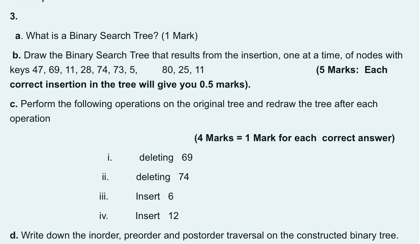 Solved 3. A. What Is A Binary Search Tree? (1 Mark) B. Draw | Chegg.com