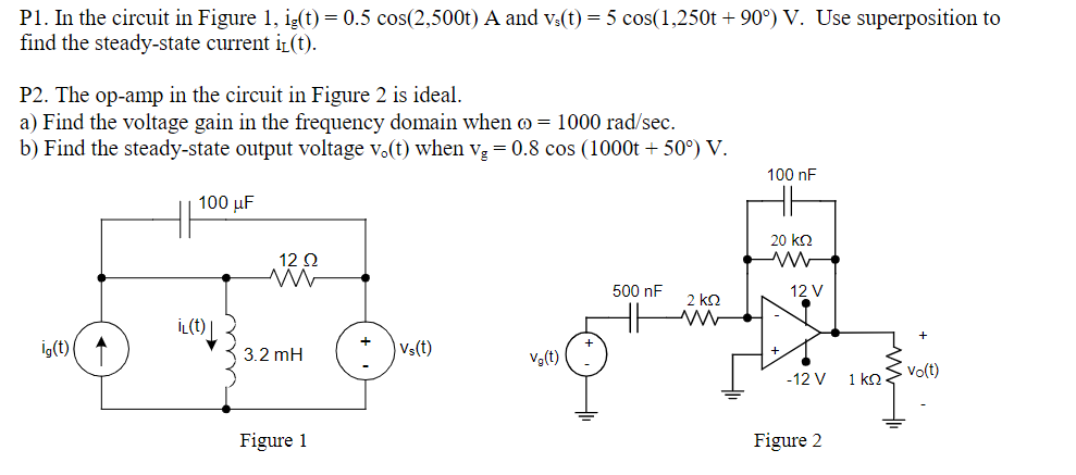 Solved P1. In the circuit in Figure 1, ig(t)=0.5cos(2,500t)A | Chegg.com