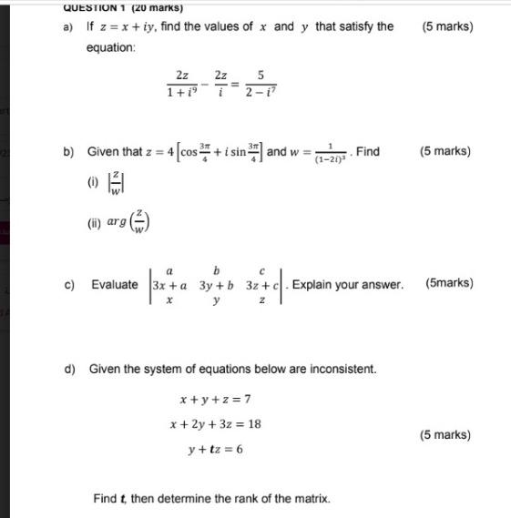 Solved Question 1 20 Marks A If Z X Iy Find The