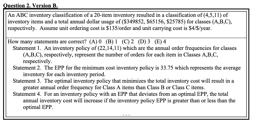 Solved Question 2. Version B. An ABC Inventory | Chegg.com