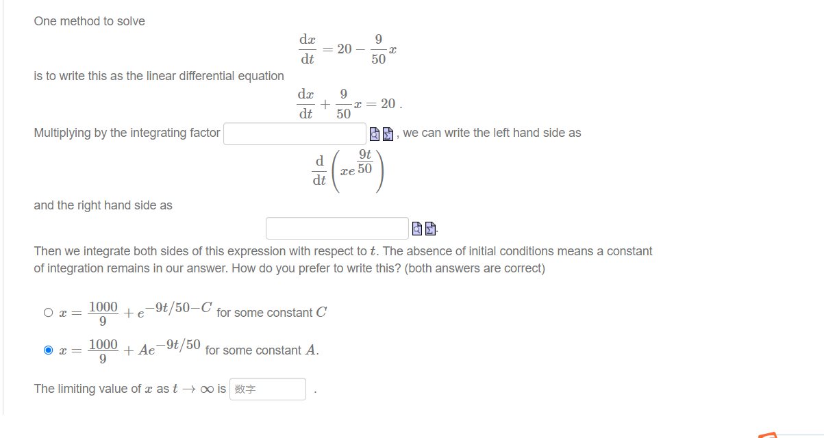 Solved One method to solve dxdt=20−950x is to write this as