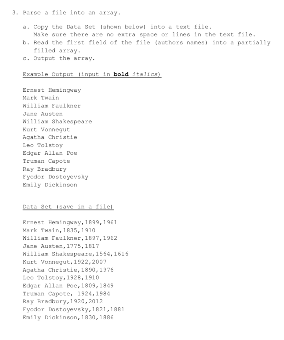 Solved 3. Parse a file into an array. a. Copy the Data Set | Chegg.com