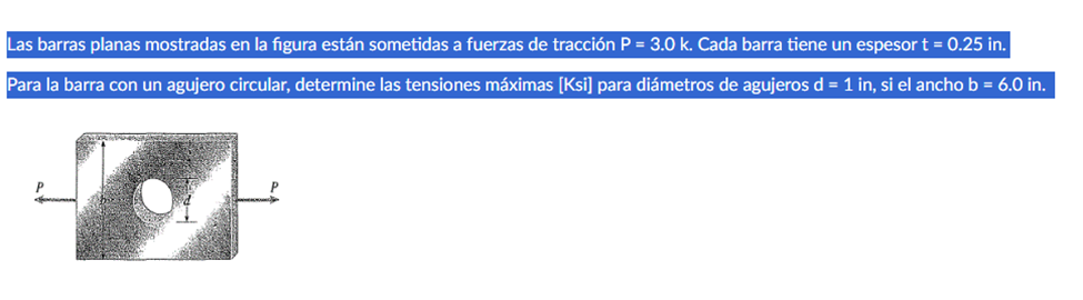 Las barras planas mostradas en la figura están sometidas a fuerzas de tracción \( P=3.0 \mathrm{k} \). Cada barra tiene un es