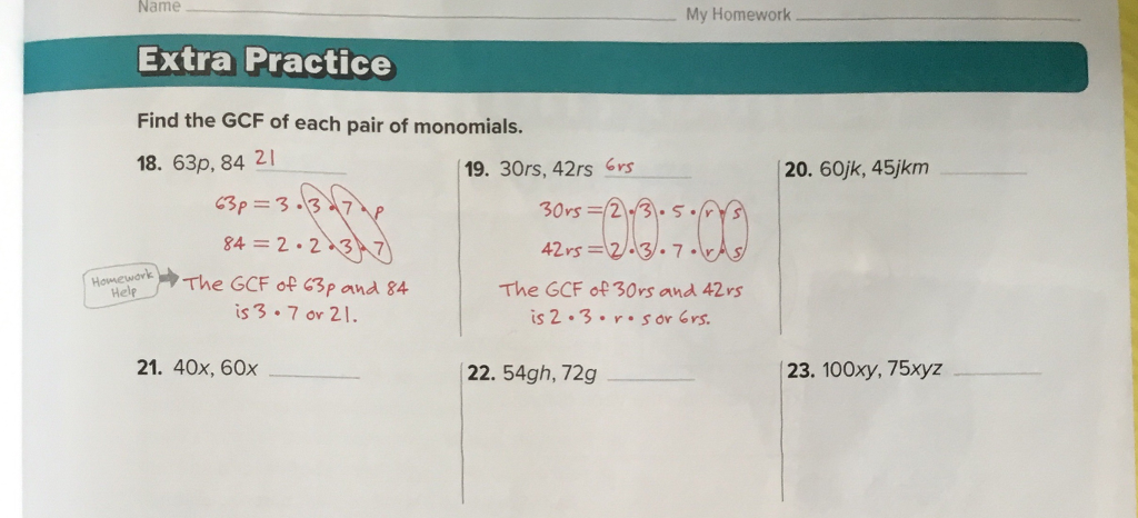 Solved Name My Homework Extra Practice Find the GCF of each | Chegg.com