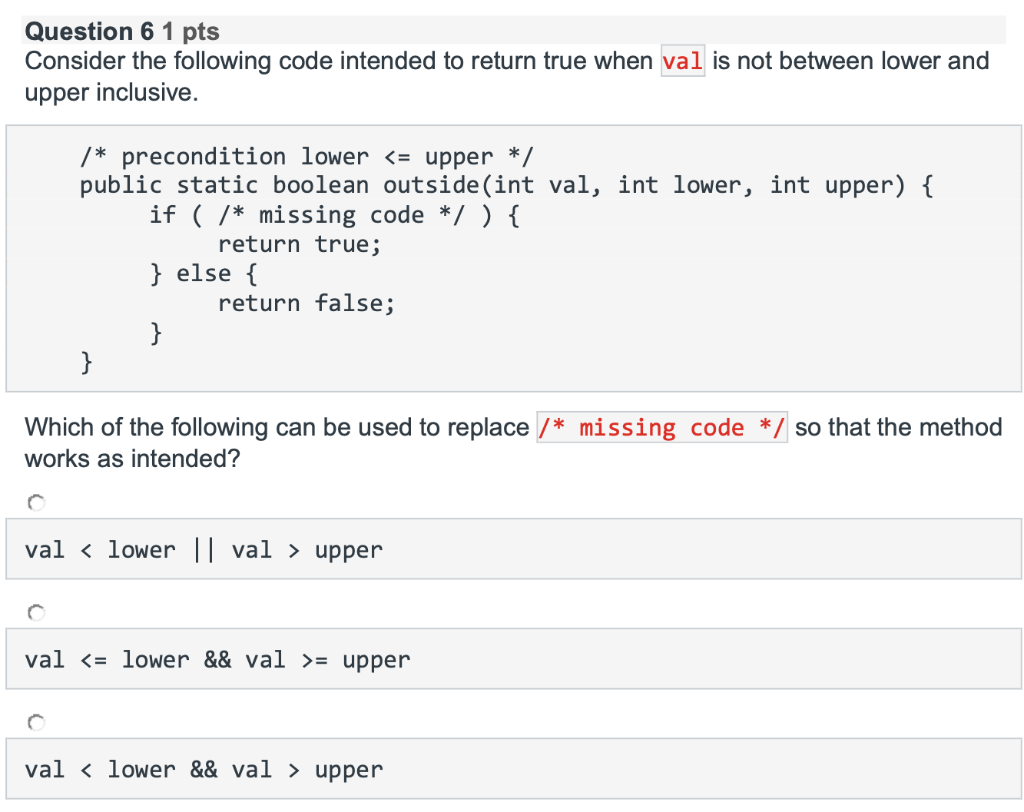 Solved Question 6 1 pts Consider the following code intended | Chegg.com