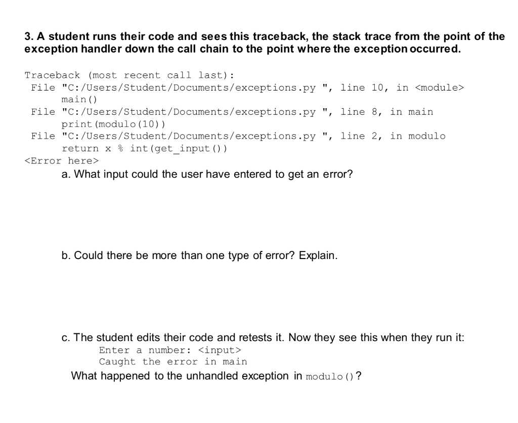 Solved 3. A student runs their code and sees this traceback, | Chegg.com