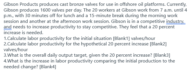 Solved Gibson Valves produces cast bronze valves on an