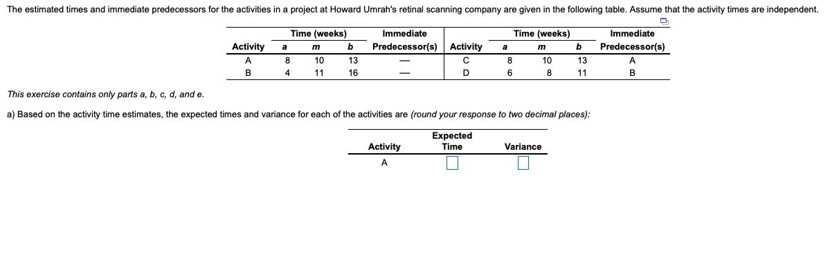 Solved The Estimated Times And Immediate Predecessors For | Chegg.com