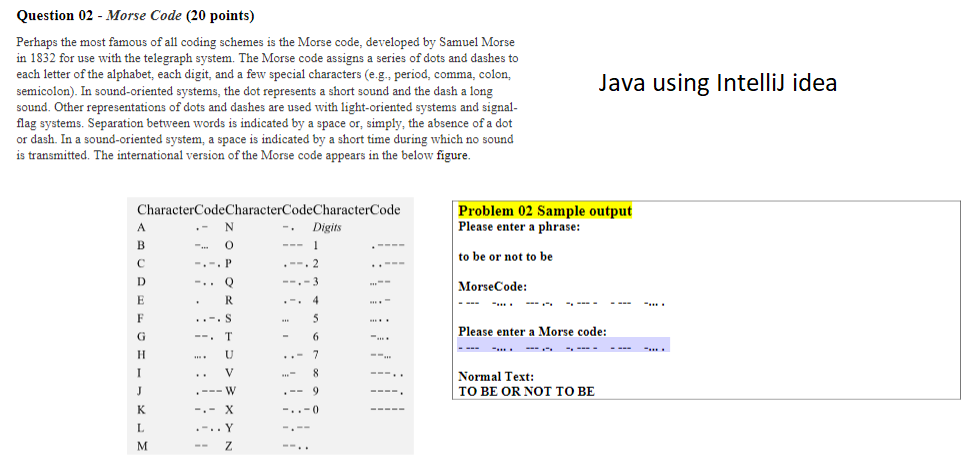Solved Question 02 - Morse Code (20 points) Java using | Chegg.com