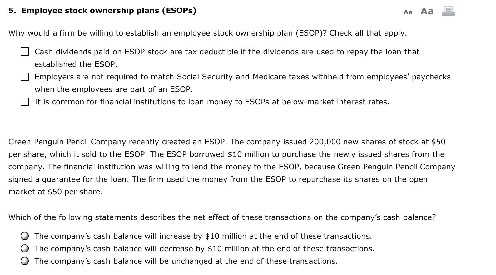 Solved 5. Employee stock ownership plans (ESOPs) Aa Aa E Why 