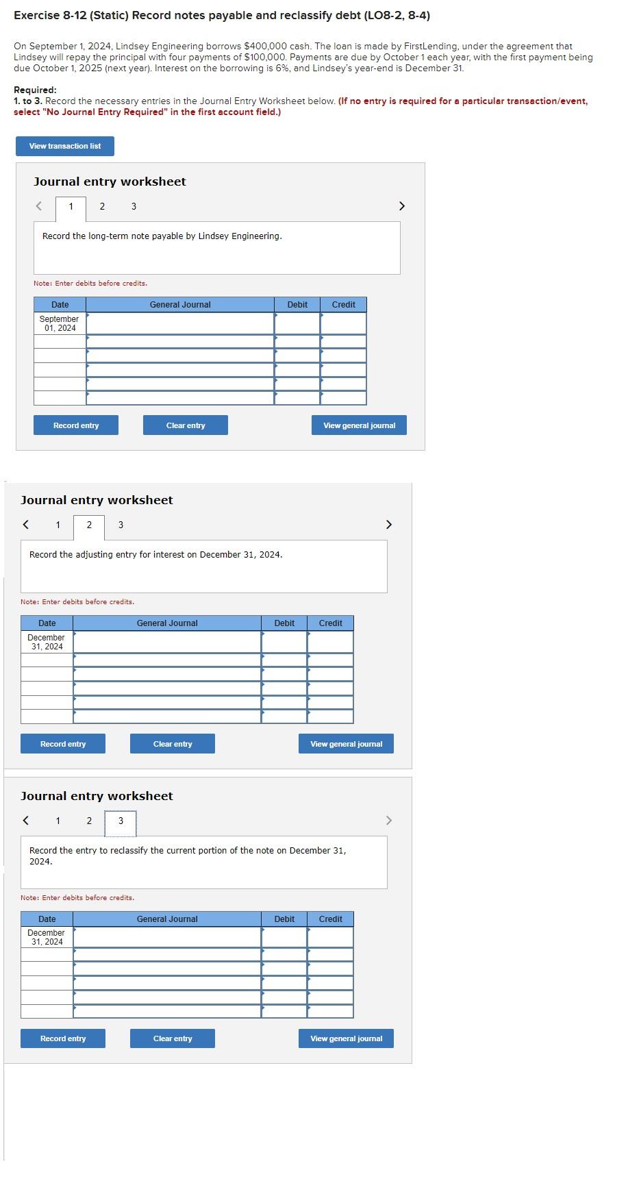 Solved Exercise 8-12 (Static) Record notes payable and | Chegg.com