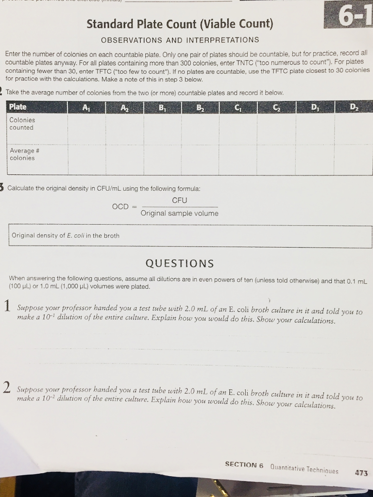 Solved 61 Standard Plate Count (Viable Count) OBSERVATIONS