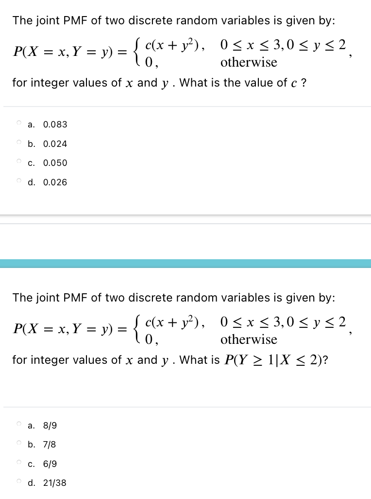 Solved The joint PMF of two discrete random variables is | Chegg.com