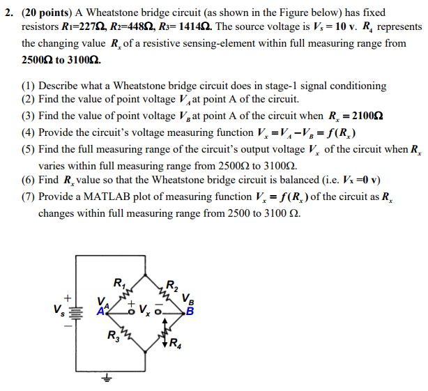 Solved 2. (20 points) A Wheatstone bridge circuit (as shown | Chegg.com